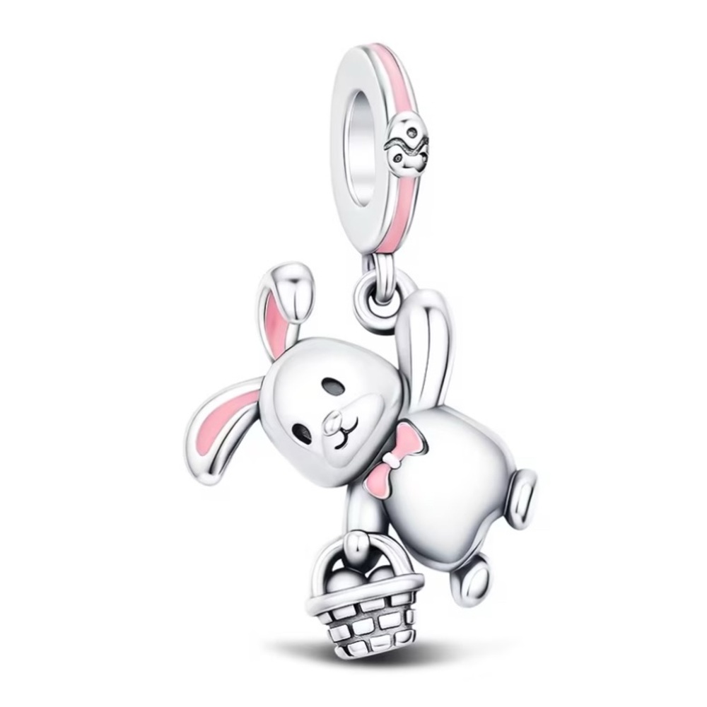 Sterling Silver Bunny Charm Holding a Basket Pendant with Pink Accents